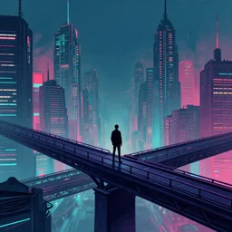 a man standing on top of a bridge over a city, cyberpunk art by dan mumford, behance contest winner, altermodern, cityscape, synthwave, matte painting