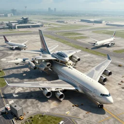 a group of airplanes parked on top of an airport tarmac, concept art by Jason A. Engle, cgsociety, afrofuturism, reimagined by industrial light and magic, vray tracing, concept art