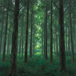 a forest with extremely thin tall trees, magically dense, serene atmosphere, by asher brown durand, by yoshitaka amano