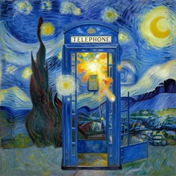 a blue english phone booth exploding in space, impressionism, in the style of van gogh