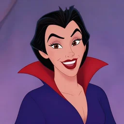 head and shoulder shot of a female vampire, in the style of disney, hard lighting, professional studio, smile, vibrant colors, fashion
