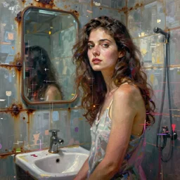a beautiful painting by robert proch and christian hook of a woman in a glitched bathroom, metal rust and plaster materials, pixel sorting, color bleeding, brushstrokes by jeremy mann