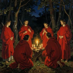 cult gathering in forest with a sacrifice for the gods, red robes, night time, candles, detailed painting, by dariusz zawadzki and beksinski and wayne barlow