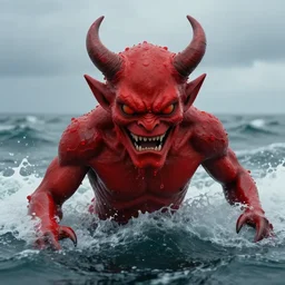 a devilish red monster with horns emerging from boiling rough seas, close - up portrait photo by david lachapelle, masterpiece, trending on flickr
