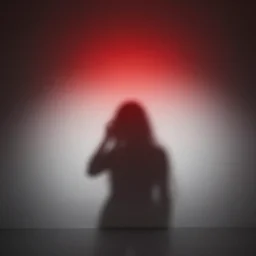 red light from above shines through and defines the shape of her shadow on the floor below