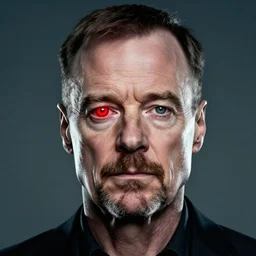 walter white terminator with one glowing red cyborg eye and one normal eye, high res photograph, portrait, dramatic lighting,