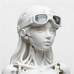 full head and shoulders, beautiful female porcelain sculpture with lots of white 3 d cyborg elements, white prosthetics, 3 d goggles, smooth, all white features on a white background, delicate facial features, white eyes, white lashes, detailed white liquid, anatomical by daniel arsham and james jean