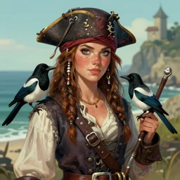 freckled mediterranean pirate girl, pet magpie, seaside backgroud, art for young adult fantasy novel, art by chengwei pan, art by viktoria gavrilenko, detailed, intricate, trending on artstation