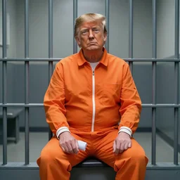 photo of donald trump sitting in a jail cell wearing an orange jumpsuit and a red hat, defocused bars in the foreground, 8 k, 8 5 mm f 1. 8