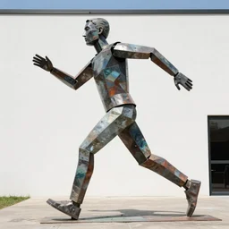 a contemporary art sculpture of a tall man running with long arm, metal, paint, dirty, exterior, bright 8 k