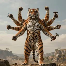 a person with four arms, mutant, goro, vishnu arms, fantasy art portrait, ultra realistic, cinematic, wide angle, tiger skin, highly detailed by boris vallejo, scott roberston, marco plouffe, neville page, aaron horkey, wayne barlowe, craig mullins, roberto ferri, hajime sorayama