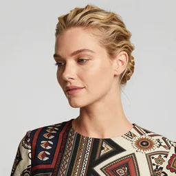 color photograph of an olive skinned blonde female model in her early thirties, her hair pinned up, wearing a designer top, looking content, focused on her neck, facing the camera, photo realistic, extreme detail skin, natural beauty, no filter, slr, golden hour, 4 k, high definition, selfie