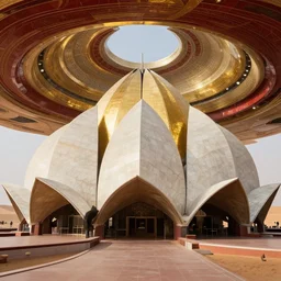architecrural photography, interior of a futuristic lotus temple with gold, red and white marble panels, in the desert, by buckminster fuller and syd mead, intricate contemporary architecture, photo journalism, photography, cinematic, national geographic photoshoot