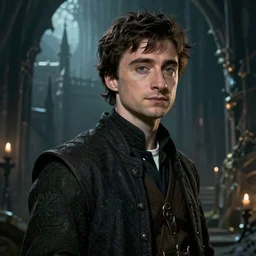 A fantasy comic book style portrait painting of Daniel Radcliffe as a hobbit in dark castle setting, unreal 5, DAZ, hyperrealistic, octane render, RPG portrait, dynamic lighting