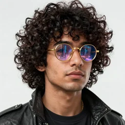 Cyberpunk portrait of a curly-haired persian guy with golden round glasses reflecting a futuristic cityscape, atmospheric lighting, intricate detail, cgsociety, ambient light, dynamic lighting, anime style by Yusuke Kozaki