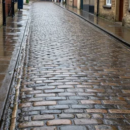 looking at an old english street with cobble stone road, it is raining and the cobble stones are wet, ultra realistic,