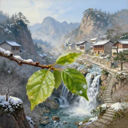 a gorgeous painting by barlowe wayne maxfield parrish and marco mazzoni. a very close - up shot on a branch with 3 leaf!! china mountain village!! sunny morning. the snow is melting. waterfall from mountain. the winding stone steps. ultra clear detailed. 3 d, octane render. 8 k