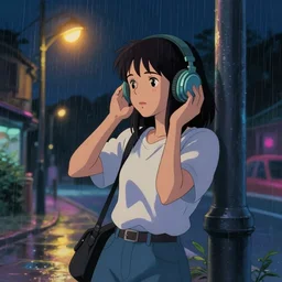 listening to music at 2 am, night, pretty hispanic girl, pose, neon rain, lofi, lofi, peaceful, street light, anime key visual, poster, street wears, anime, by ghibli, ghibli studio high quality, 4 k, trending, trending on artstation