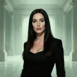 majestic, gracious, pragmatic, charismatic character monica bellucci as persephone from the matrix, face centered portrait, confident, high society building, elite, sterile minimalistic room, classic architecture, fog, volumetric lighting, illustration, perfectly shaded, greenish tinge, cold lights soft painting, art by krenz cushart and wenjun lin