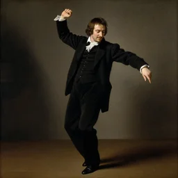 renaissance painting of tobey maguire dancing in a classy black suit, in the style of rembrandt