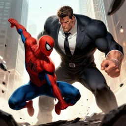 giant corporate business man fighting spiderman, alex ross style, illustration, artstation trending, very high details, striking pose, comics cover, heroic battle, debris flying around, concept art rendering,