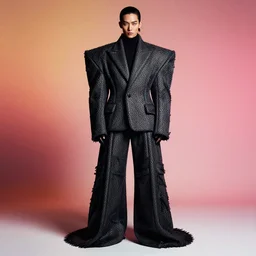 full body portrait of du juan, in an outfit made by balenciaga, photo by greg rutkowski, high fashion, androgyn beauty, intricate detail, elegance, sharp shapes, soft lighting, vibrant colors, masterpiece