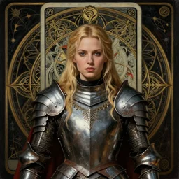masterpiece head-on symmetrical centered portrait, Elisha Cuthbert as a RPG warrior, fully armoured, blonde hair, fractal tarot card background, gothic painting style, victorian painting style, elegant, distant, in the style of Edgar Maxence and Ross Tran and Zdzisław Beksiński and Michael Whelan and Gustave Doré and H.R. Giger, specular highlights, 8k, octane render