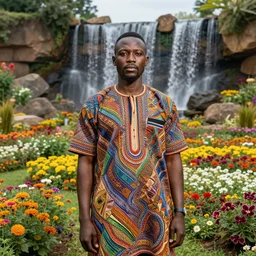 hyper realistic portrait of onyeka nwelue standing in an expansive flower garden with rocks waterfalls and lots of space, perfect face, fine details, colorful patterns, studio lighting, subtle shadows, art by tim okamura and karol bak, canon eos r 3, f / 1. 4, iso 2 0 0, 1 / 1 7 0 s, 8 k, raw, unedited, in - frame