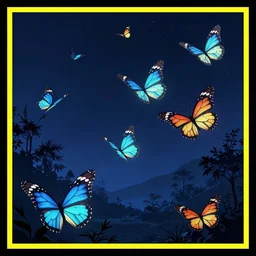 neon monarch butterfly migration at night by disney concept artists, blunt borders, rule of thirds