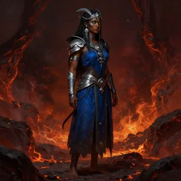Beautiful Young Female Shaman, shamanistic dark blue clothes, ornamental, covered!, metal garments, dark brown skin, green supernatural eyes, looking across the shoulder, full body, extremely detailed!, high fantasy, matte painting, detailed face!, warcraft, barefoot, single character!, magma background, by Rossdraws, James Jean, gerald brom, Andrey Ryabovichev, Mark Simonetti and WLOP, trending in artstation, artstationHD, artstationHQ, cgsociety, octane, 16K HD, NO multiple arms!
