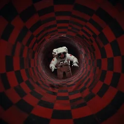 a warped tunnel of irregular red and black checkerboard pattern drowns out a desperate voice of a lone astronaut, 4k film still of a movie directed by Zdzisław Beksiński