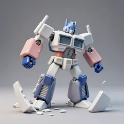 dissection of one simple angry screaming ceramic toy Figure mechabot transformer sculpture falling apart, c4d, 3d primitives, in a Studio hollow, surrounded by flying parts, explosion drawing, by pixar, beeple, by jeff koons, blender donut tutorial,  joints, bolts, buttons, by jonathan ive, by david lachapelle, simulation
