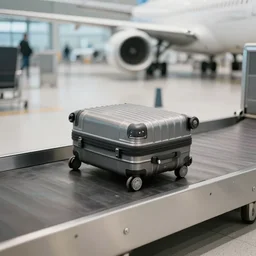 a medium sized suitcase on an airport industrial conveyor belt, moving on its way to a plane
