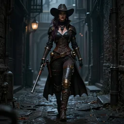 a steampunk female gunslinger walking down a dark alleyway by coven morgana, trending on artstation, digital art, dark fantasy, steampunk