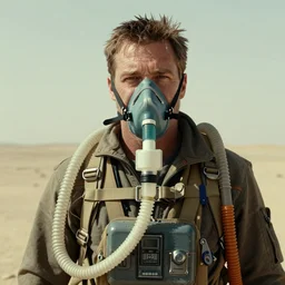 a man wearing oxygen mask, heavily equipped, air tubes, straps, Mad Max inspired, in the desert, film still, arriflex 35