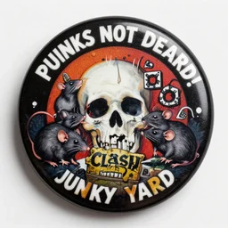 painting on a badge!!!!, punks not dead!, exploited!!, clash, junk yard, rats!!, god save the queen!!!, punk rock album cover art style, grunge, no future!!!!, glitch effect