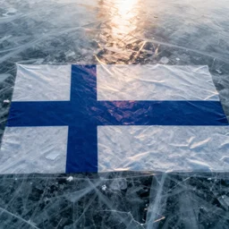 aerial picture of a frozen lake, the ice in has the colors of the flag of Finland