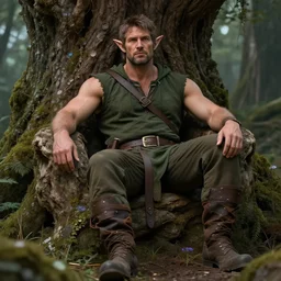 a relaxed male elf middle aged druid in a sleeveless west, brown short hair, strong, full body, 8 k, hyperrealistic, hyperdetailed, fantasy portrait by laura sava