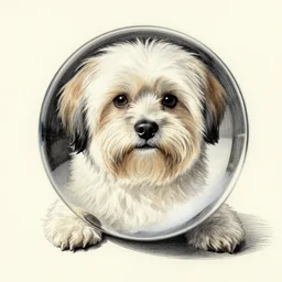 self portrait of a havanese dog reflecting into a chrome sphere, the sphere is being held by a havanese dog paw, 1 9 5 0 s, pen on paper, by mc escher