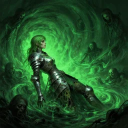 side profile, imogen poots, corrupted armor, gloomhaven, luminescent, falling down through endless haunted green swirling souls, evil inky swirly ripples, sickly green colors, by greg manchess, huang guangjian, gil elvgren, sachin teng, greg rutkowski, jesper ejsing, ilya kuvshinov