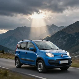 blue fiat panda riding in mountains, dramatic light, clouds, artstation, hyper realistic, simon stalenhag