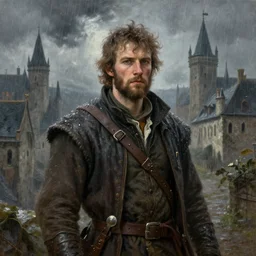 portrait of an adventurer, painting by michael wellen, john stephens, in a medieval city, tone mapping, stormy weather, sleet, trending on artstation