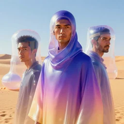 protrait of a cyberpunk touareg, by ruan jia, weldon casey, ralph mcquarrie. smooth gradients, transparent inflatable structures in akakus desert.