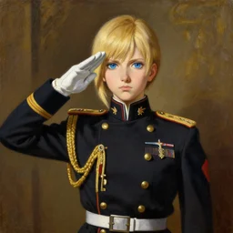 baroque oil painting of key visual concept art, portrait of stern anime girl blonde hair blue eyes wearing formal military dress uniform saluting at a full honors military funeral, somber, rule of thirds golden ratio, fake detail, trending pixiv fanbox