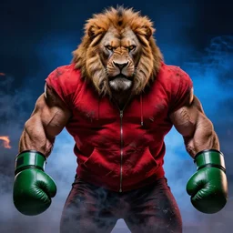 high detail cinematic photograph portrait , epic pose mutant powerlifter muscular oversized mutant angry lion with big eyes is wearing dirty red hoodie and green boxing gloves, very dramatic dark studio blue backlight fire and fog