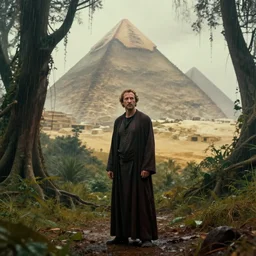 Denis Villeneuve visual style, blade runner 2049 colors, arabic clothes, forest by architect Lebbeus Woods, :: 4k :: trending artstation, fog, rain, pyramids, sci fi