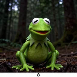 scary trail camera photo of kermit the frog in a dark forest. blury. flash