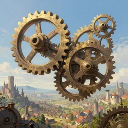 giant interlocked gears cogs floating in the sky, clockwork, giant mechanisms, industry, villages castles, buildings vista artstation illustration sharp focus sunlit vista painted by ruan jia raymond swanland lawrence alma tadema zdzislaw beksinski norman rockwell tom lovell alex malveda greg staples