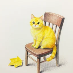 a yellow cat on a chair near a yellow leaf, colorful drawing, pencil