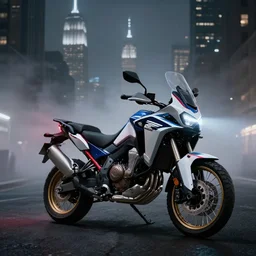 honda africa twin at night view of new york in heavy mist, highly detailed, cinematic, hyperrealistic, artstation, concept art